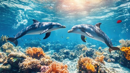 Two Dolphins Encountering Each Other in a Coral Reef