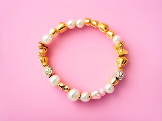 Obraz premium Top view of golden with pearl bracelets on pink and wh