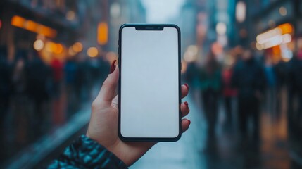 Mockup image of a woman holding and showing mobile phone with blank white screen