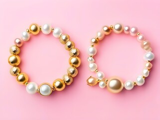 Obraz premium Top view of golden with pearl bracelets on pink and wh