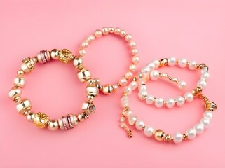 Obraz premium Top view of golden with pearl bracelets on pink and wh