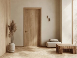 A wooden door with a potted plant in front of it. The plant is a tall, thin one with brown leaves. A wooden bench is placed in front of the door, providing a comfortable seating area