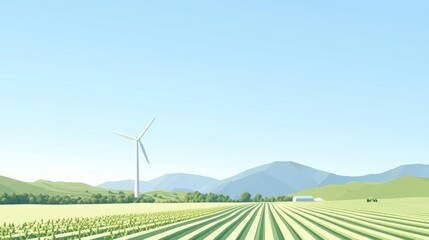 Harmony of Agriculture and Alternative Energy: Farmers Tending Crops with Wind Farm in Serene Landscape