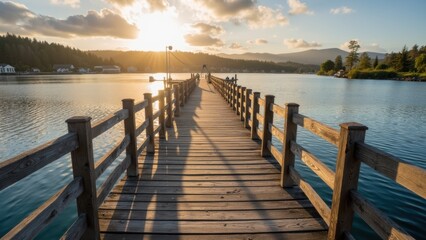 Obraz premium A wooden pier stretches into the calm waters, framed by trees and mountains, as the sun sets, casting a golden glow over the landscape