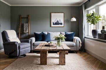 Cozy Scandinavian Living Space with Plush Recliner and Rustic Barnwood Coffee Table