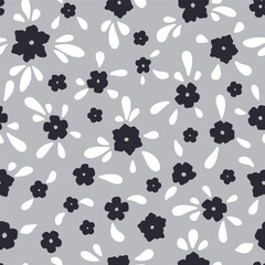 Seamless pattern with monochrome tiny ditsy florals. Rustic small flowers repeat wallpaper.