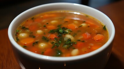 Close-up of a Bowl of Vegetable Soup with Parsley Garnish