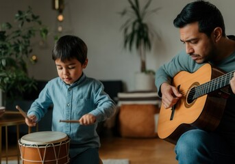 Father teaching his son to play music, creating a beautiful memory together