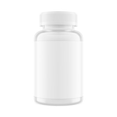 Clear eye-catching pill bottle with label mockup for supplements, vitamins, treats. Vector illustration isolated on white background. Mockup is ideal for health projects. EPS10.