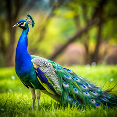 Fototapeta premium Majestic Peacock in a Lush Green Field