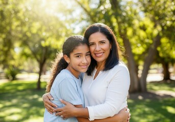 Hispanic mother and daughter hugging in a park, enjoying a sunny day together