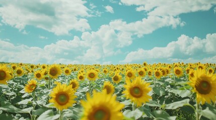 Fototapeta premium Vibrant Field of Blooming Sunflowers Against a Scenic Sky