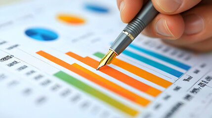 Close-up of a Hand Analyzing Business Charts with a Pen