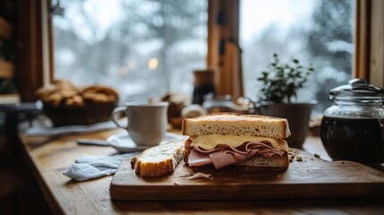 Ham and Cheese Sandwich on a Wooden Cutting Board