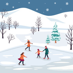 A family of four enjoys ice skating on a frozen pond surrounded by snowy hills, bare trees, and pine trees under a night sky with falling snowflakes. A serene winter landscape filled with joy.