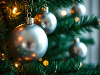 close up of shiny round silver baubles on a christmas tree with blurred background and lights