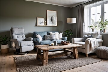 Scandinavian Inspired Cozy Living Room with Comfortable Recliner and Rustic Barnwood Coffee Table