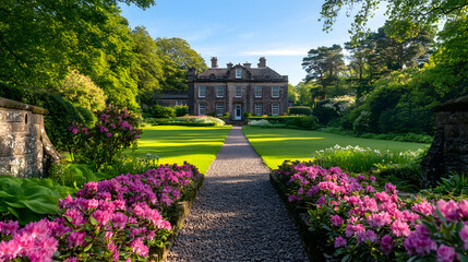 Obraz premium Photography of a historic Scottish castle surrounded by lush, green landscapes and gardens in full bloom, with bright spring flowers, clear blue skies, and a sense of timeless charm.