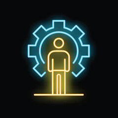 Neon glowing icon of human resource management concept with person standing inside gear