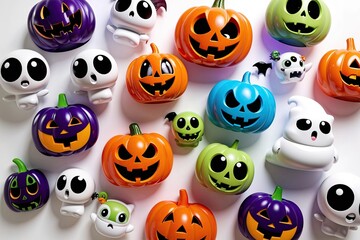 Obraz premium Cheerful Halloween: Vibrant 3D Spooky Collection of Delightful Kawaii Characters with Big Eyes and Silly Grins on Bright White Canvas