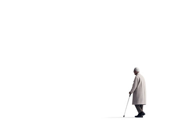 Elderly man walking with a cane side view isolated on white background