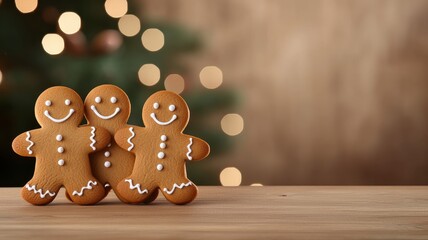 Fototapeta premium Three cheerful gingerbread men sit on a wooden table, with a softly lit festive background, embodying the warmth of the holiday spirit.