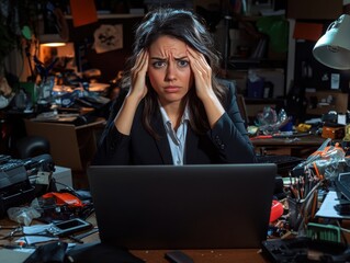 Woman in Business Attire With Stressed Expression at a Messy Desk Surrounded by Office Supplies and Technology, Struggling with Overwhelming Workload and Disorganization