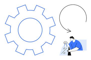 Gear with blue outline, circular arrow, and person holding shopping bags. Ideal for business progress, automation, consumer behavior, shopping trends, retail analysis, marketing process