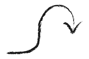 Arc shaped arrow with a downward turn. Hand drawn charcoal arrow.