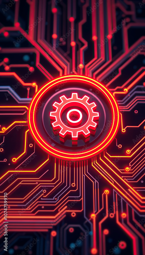 Poster glowing red gear mechanism on dark circuit board futuristic technology vertical format