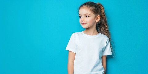 Caucasian girl with brunette hair in a white T-shirt on a blue background. Mockup banner template for brand, print and advertising. Studio shooting of a cute little model with copyspace