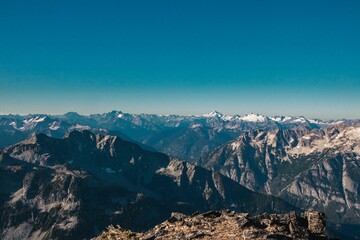 Panoramic mountain ranges under clear skies