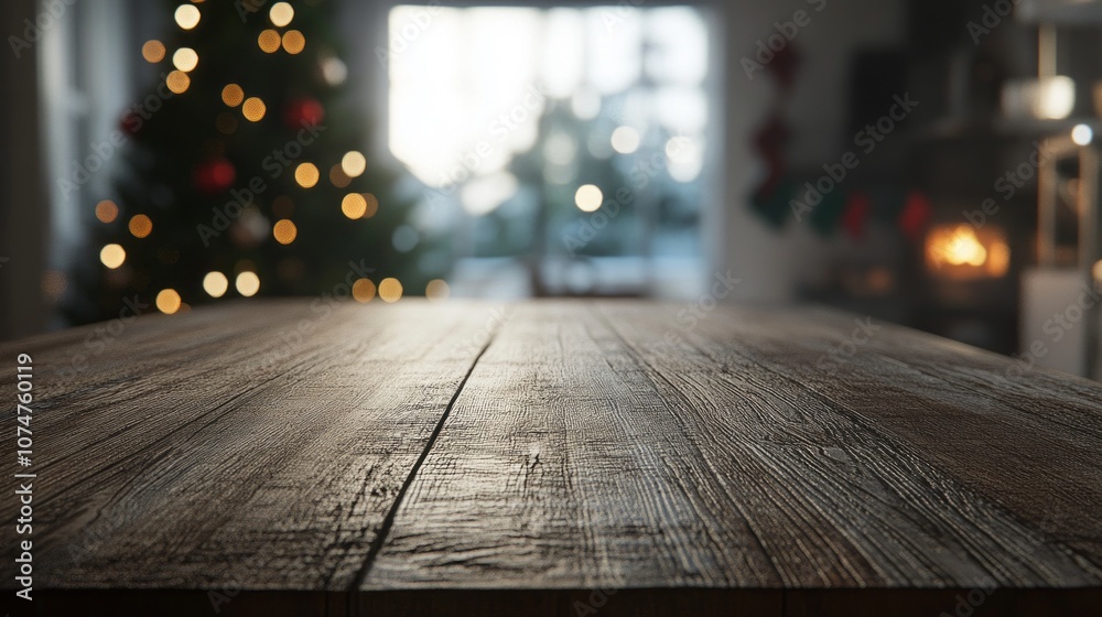 Poster a wooden table with a christmas tree in the background