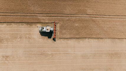 Top view of the combined harvester harvesting in the farm