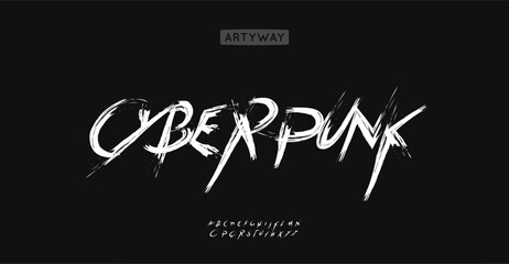 Cyberpunk graffiti alphabet, chaotic brush typeface, edgy wild lettering, expressive urban typography for rebellious punk logo, street intense style headline. Vector typeset.