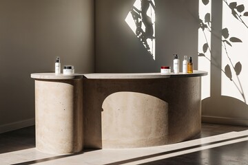 Elegant Beige and Brown Cement Curve Counter Podium with Soft Sunlight and Leaf Shadow for Luxury Skincare Product Background