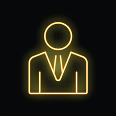 Neon yellow icon of a businessman wearing a suit and tie is glowing on a black background