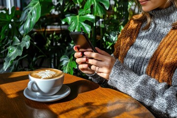 A Cozy Café Scene Featuring a Person Enjoying Coffee While Using a Smartphone Surrounded by Lush Green Plants in Warm Natural Lighting