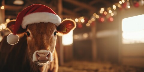 A Brown Swiss cow wearing a Santa hat with a fluffy white pom-pom, standing in a barn decorated with garlands and Christmas ornaments