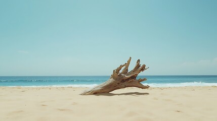 Serene Beach Landscape with Driftwood on Sandy Shore Against Clear Blue Sky and Calm Ocean Waves in Background