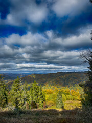 The landscape of Carpathian Mountains in the sunny weather. Perfect weather condition in the autumn season