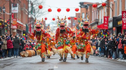 Dragon dance performers in vibrant costumes parading through a street filled with onlookers,