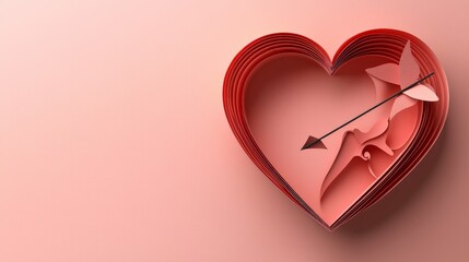 Cupids arrow through a paper heart on a soft, gradient pink background,
