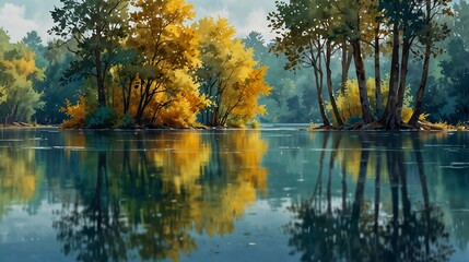 Obraz premium Soft watercolor painting of a quiet lake with trees, capturing the peaceful reflection of nature's beauty illustration