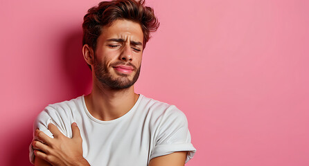 Un hombre haciendo una expresión de dolor en su hombro sobre un fondo rosa
