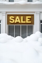 The image features a bright "SALE" sign displayed on a store front, partially obscured by snow, suggesting winter sales and seasonal promotions.