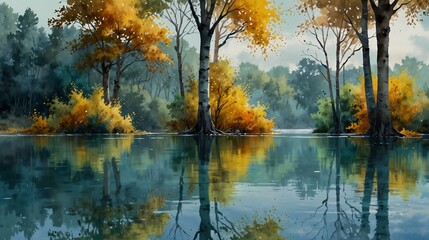 Obraz premium Vibrant watercolor landscape of a lake with trees, showing the beauty of nature in a peaceful, serene scene illustration
