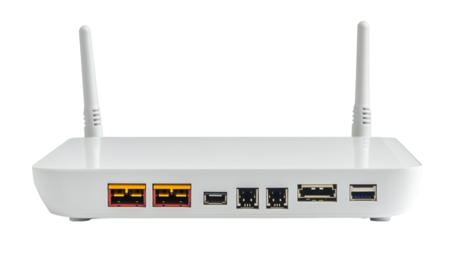 Wireless white router with antennas isolated on transparent background