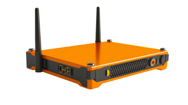 Wireless orange router with antennas isolated on transparent background