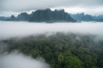 Obraz premium Foggy Jungle Landscape: Aerial View of Misty Tropic Mountains and Cloudy Valley